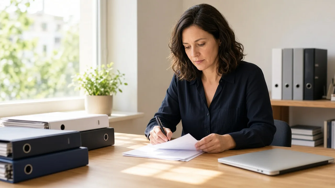 An editor sits at a sunlit desk with plain binders and a closed laptop.