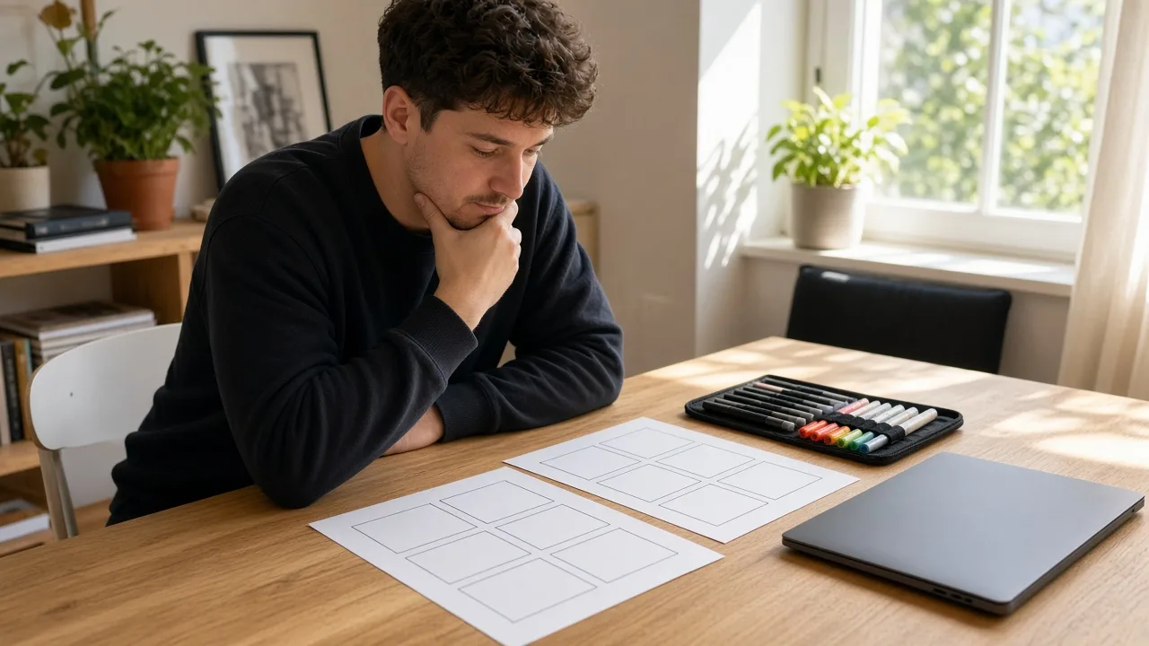 An artist sits at a sunny desk with blank comic panels, markers, and a closed laptop.
