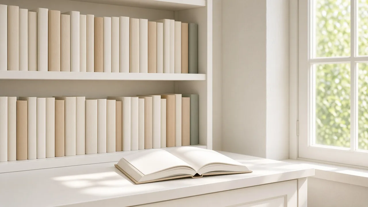 Blank hardcover books line a sunny shelf beside an open book with empty pages.