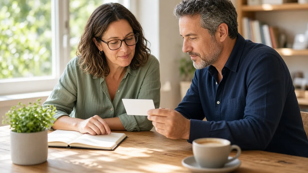A reader and a publisher review a blank membership card at a sunny table.