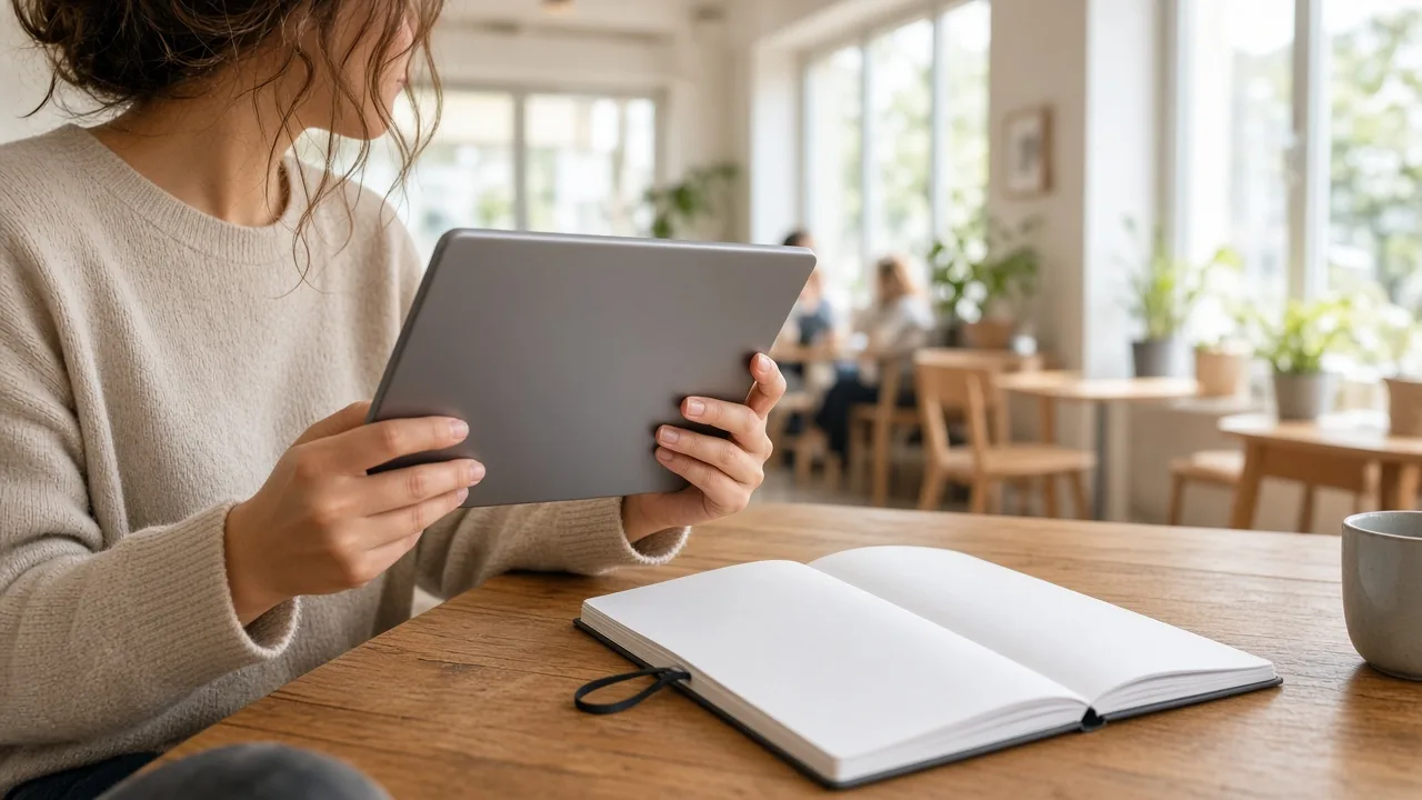 A reader holds a tablet with the screen turned away beside a blank sketchbook.