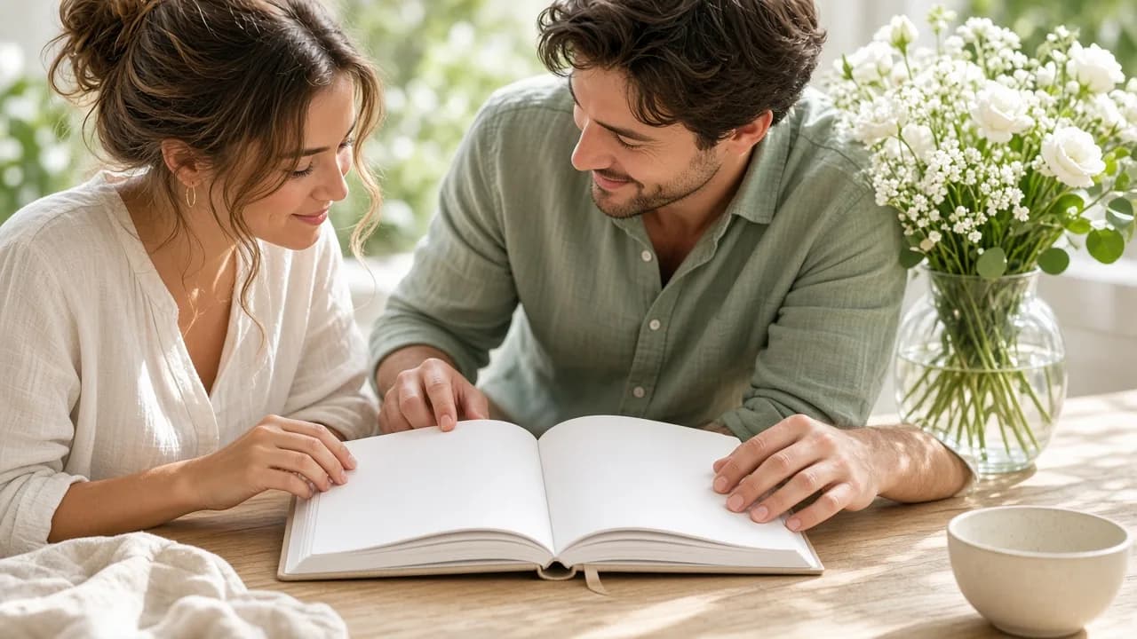 A planner and a couple review blank pages at a sunny table with flowers.
