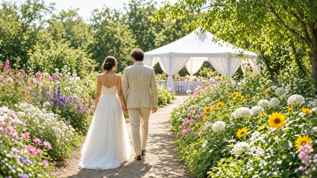 A couple walks through a sunny flower garden toward a white tent.