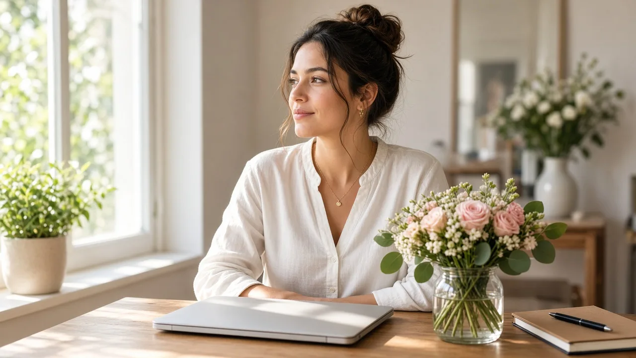 An event coordinator sits at a sunlit desk with a closed laptop and a small bouquet.