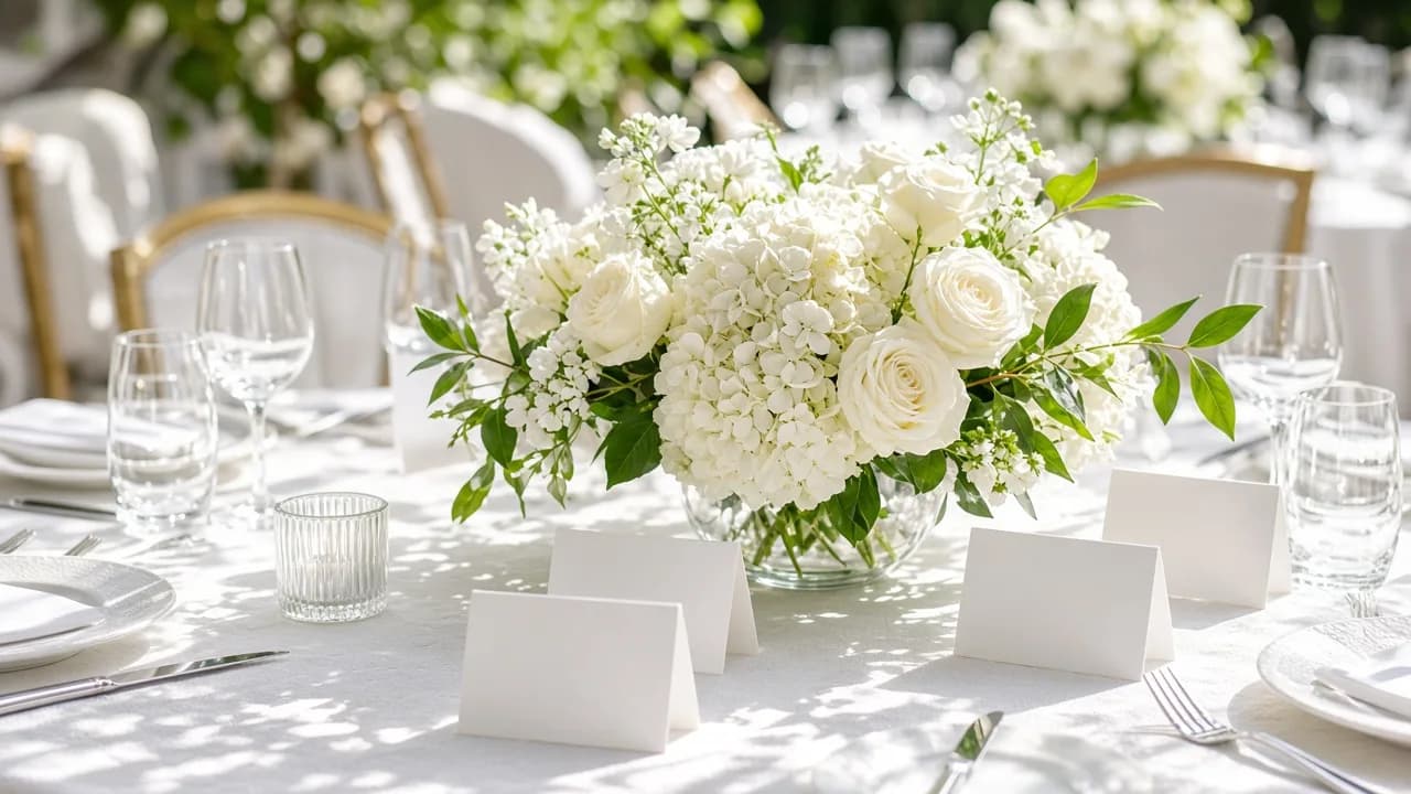 A wedding table is set with white flowers and blank place cards in sunshine.