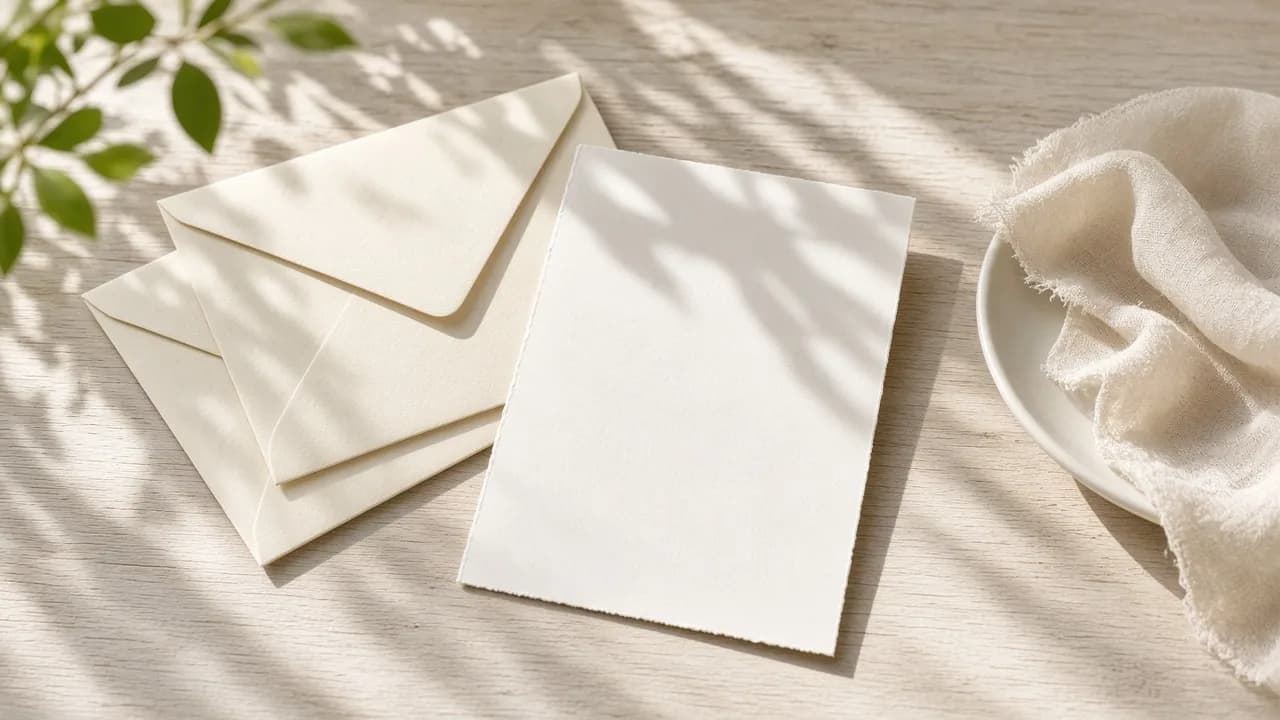 Blank cream envelopes and a blank card sit on a sunny desk.