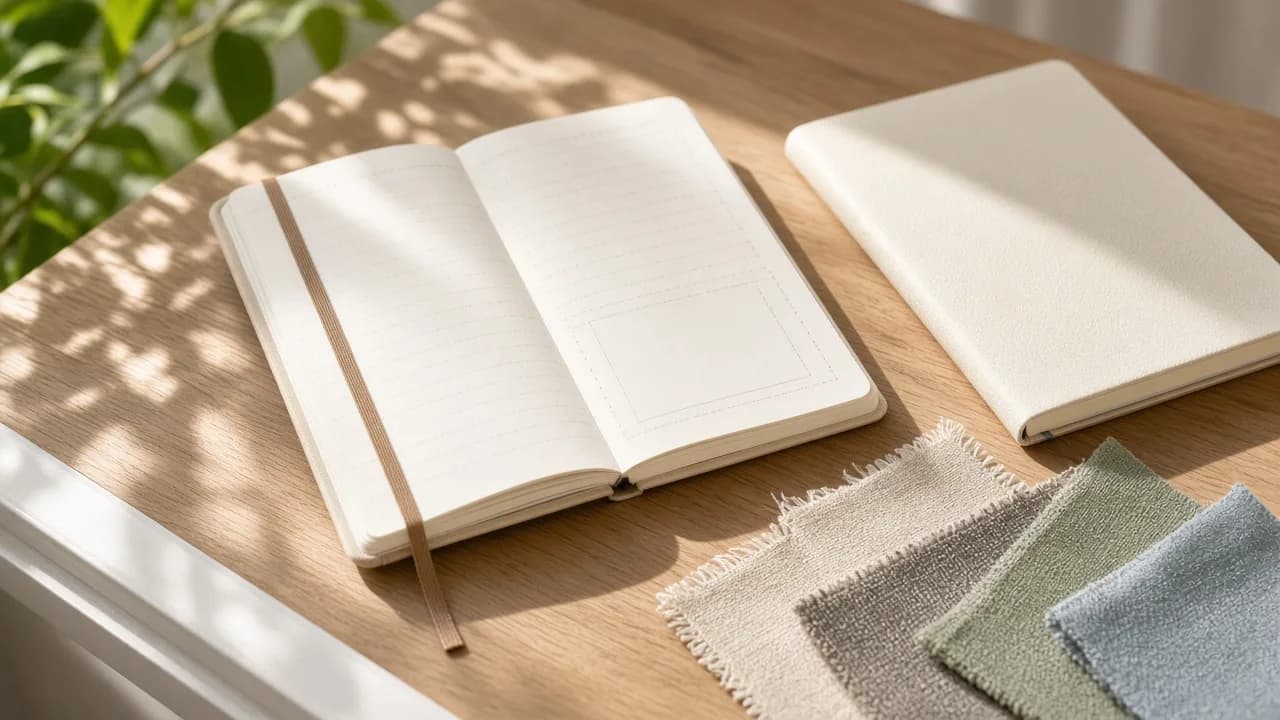 A planner sits at a sunny table with a blank notebook and fabric swatches.