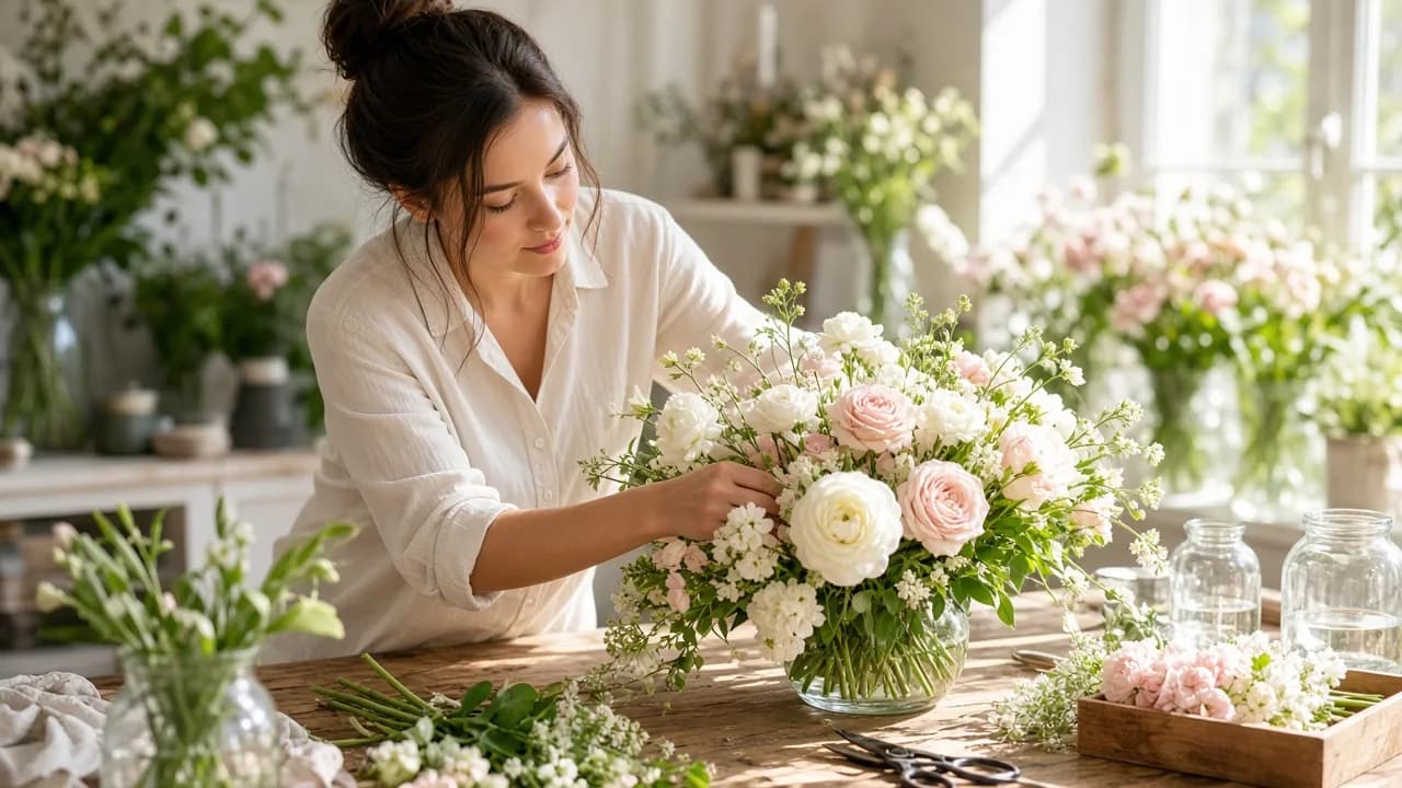 A florist arranges white and blush flowers on a sunny table.