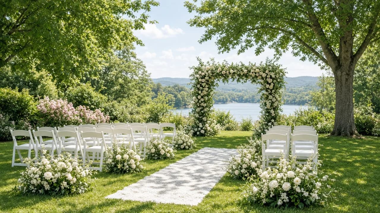 A sunlit outdoor venue has rows of chairs and a floral arch.