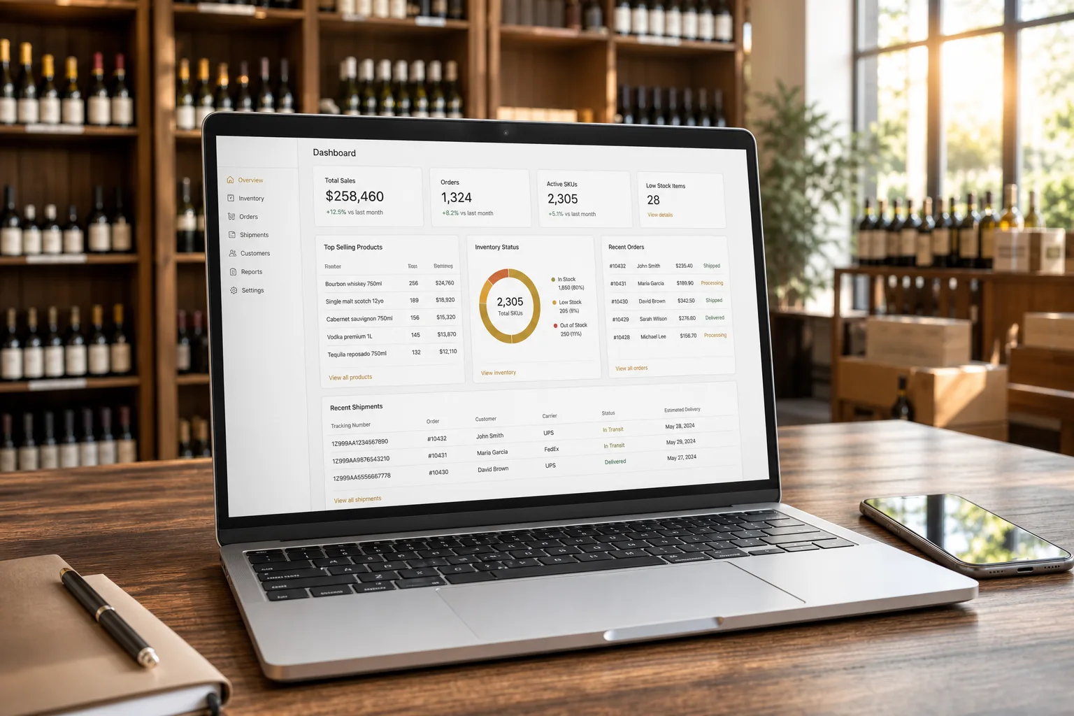 Laptop showing an alcohol delivery platform dashboard with orders, inventory status, and delivery tracking