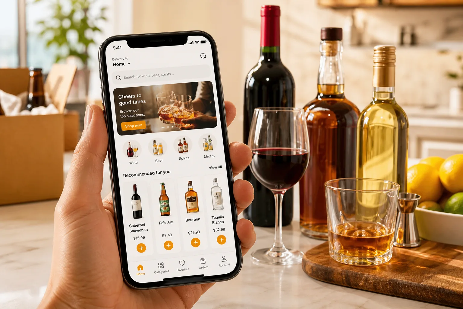 Alcohol delivery app with beverage browsing, order placement, and real time tracking