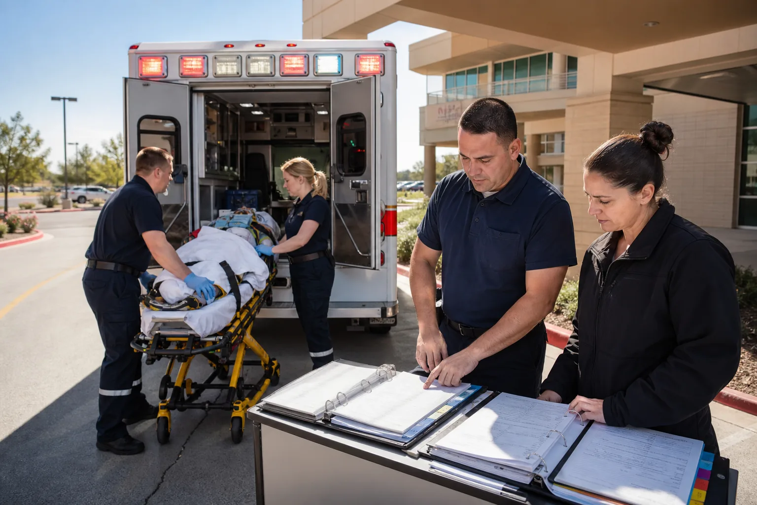 Bright USA EMS scene with ambulance vehicle, stretcher, and dispatch coordination representing ambulance booking app development