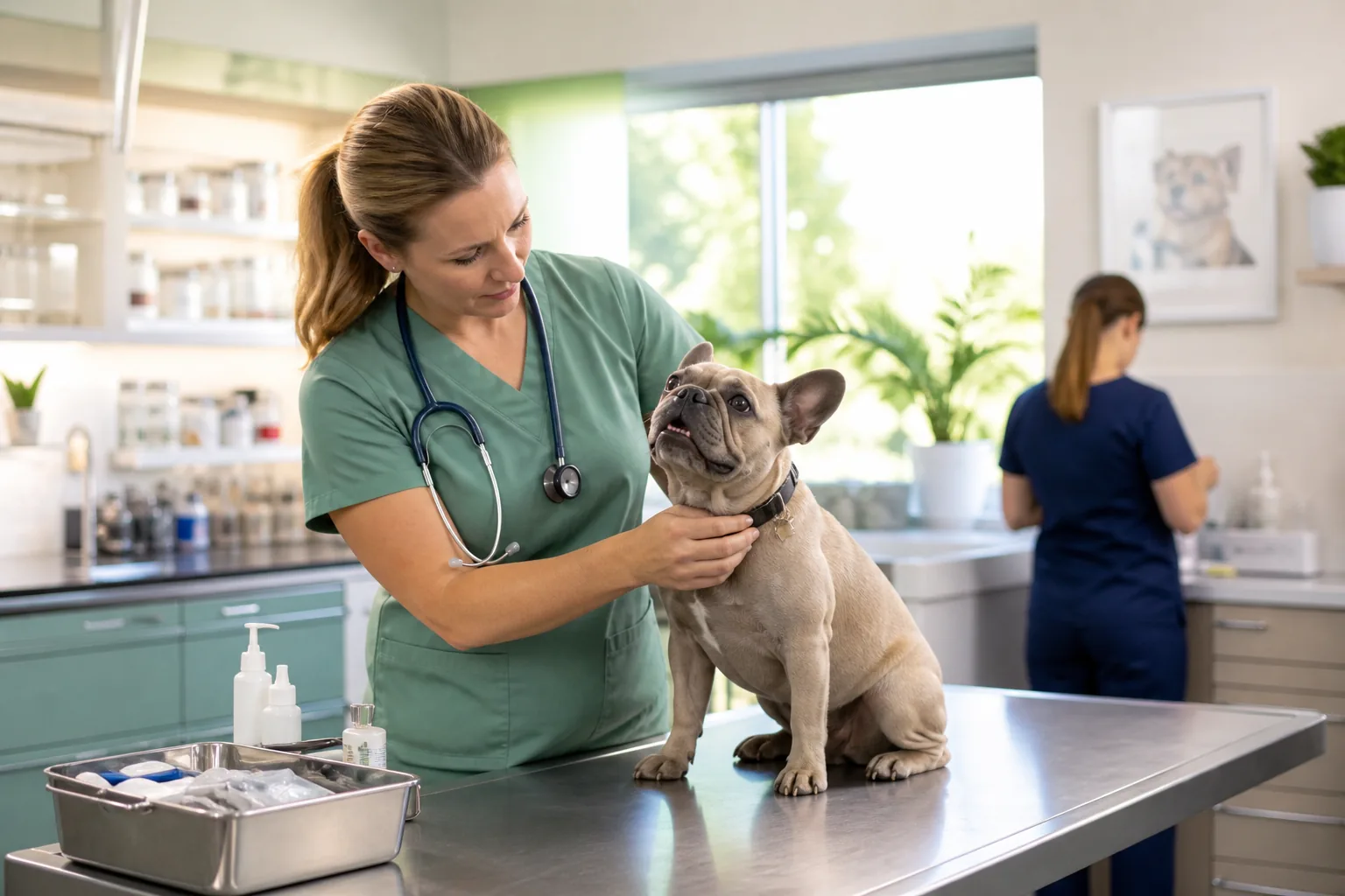 Bright USA veterinary clinic with exam table, stethoscope, and pet care setup representing animal healthcare app development