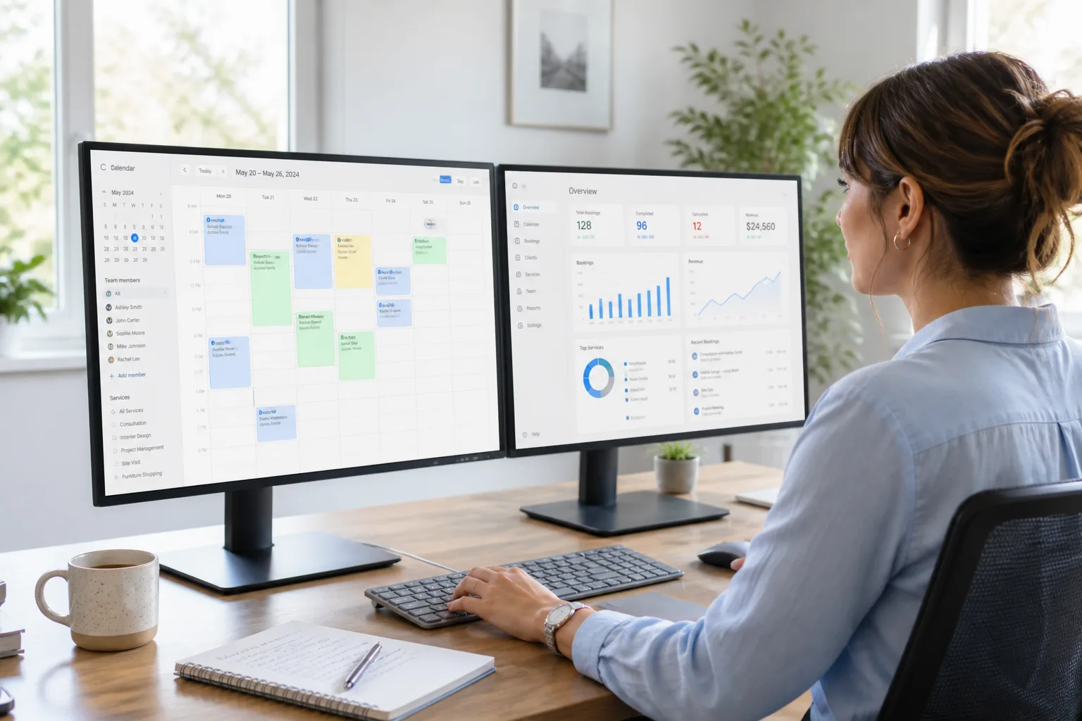 Laptop showing an appointment scheduling platform with calendars, bookings, reminders, and analytics