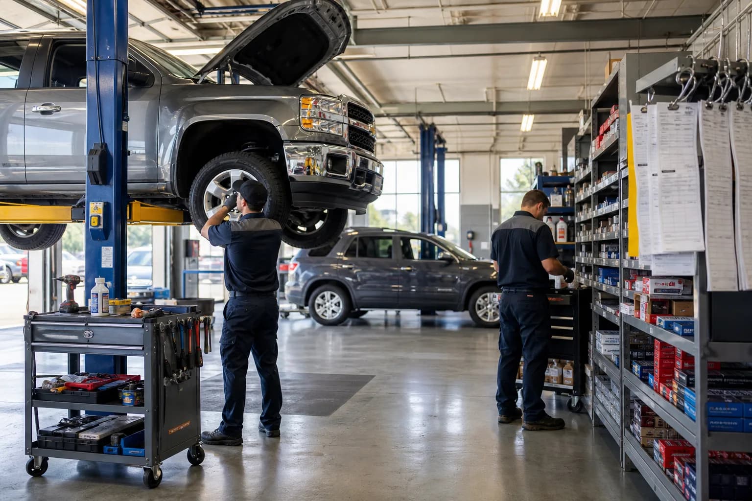 Bright USA auto repair shop floor with service bay, work orders, and parts shelves
