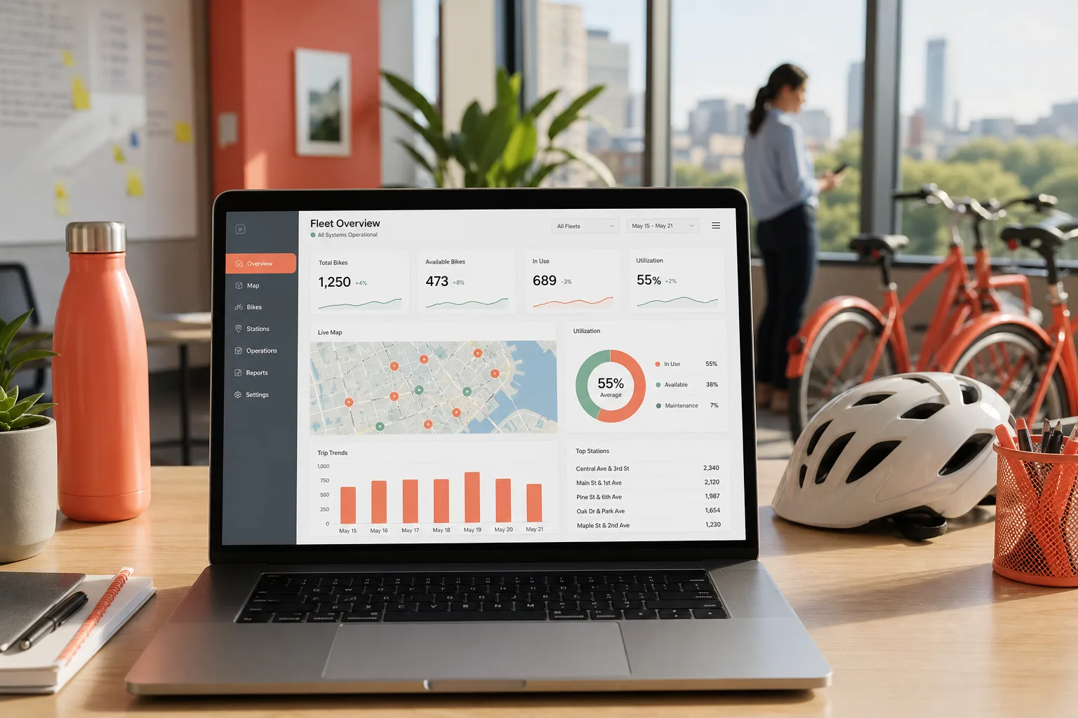 Laptop showing a bike rental platform dashboard with fleet monitoring, rental sessions, and operational analytics