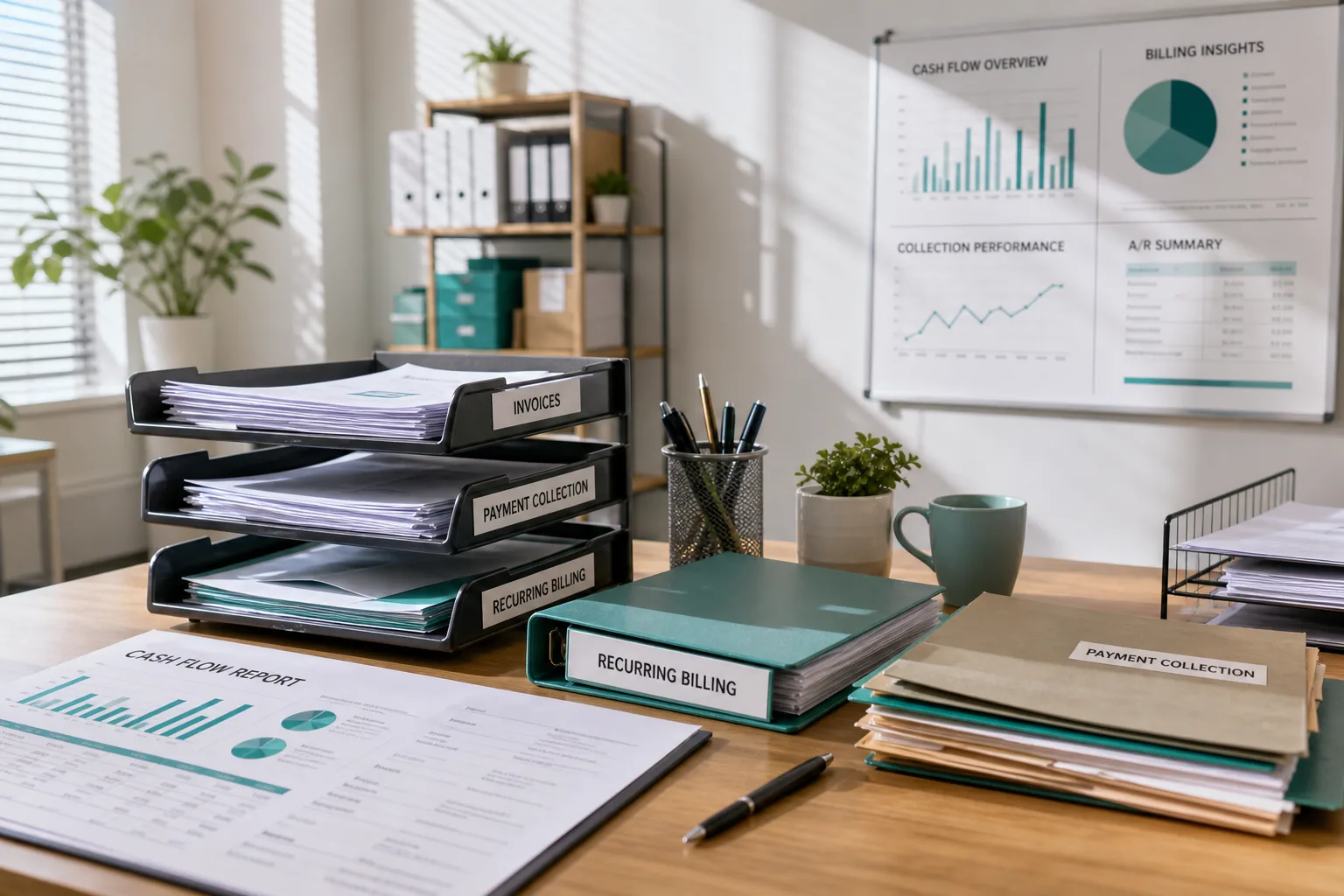 Bright USA finance desk with invoices, payment folders, and revenue binders representing billing software development solutions