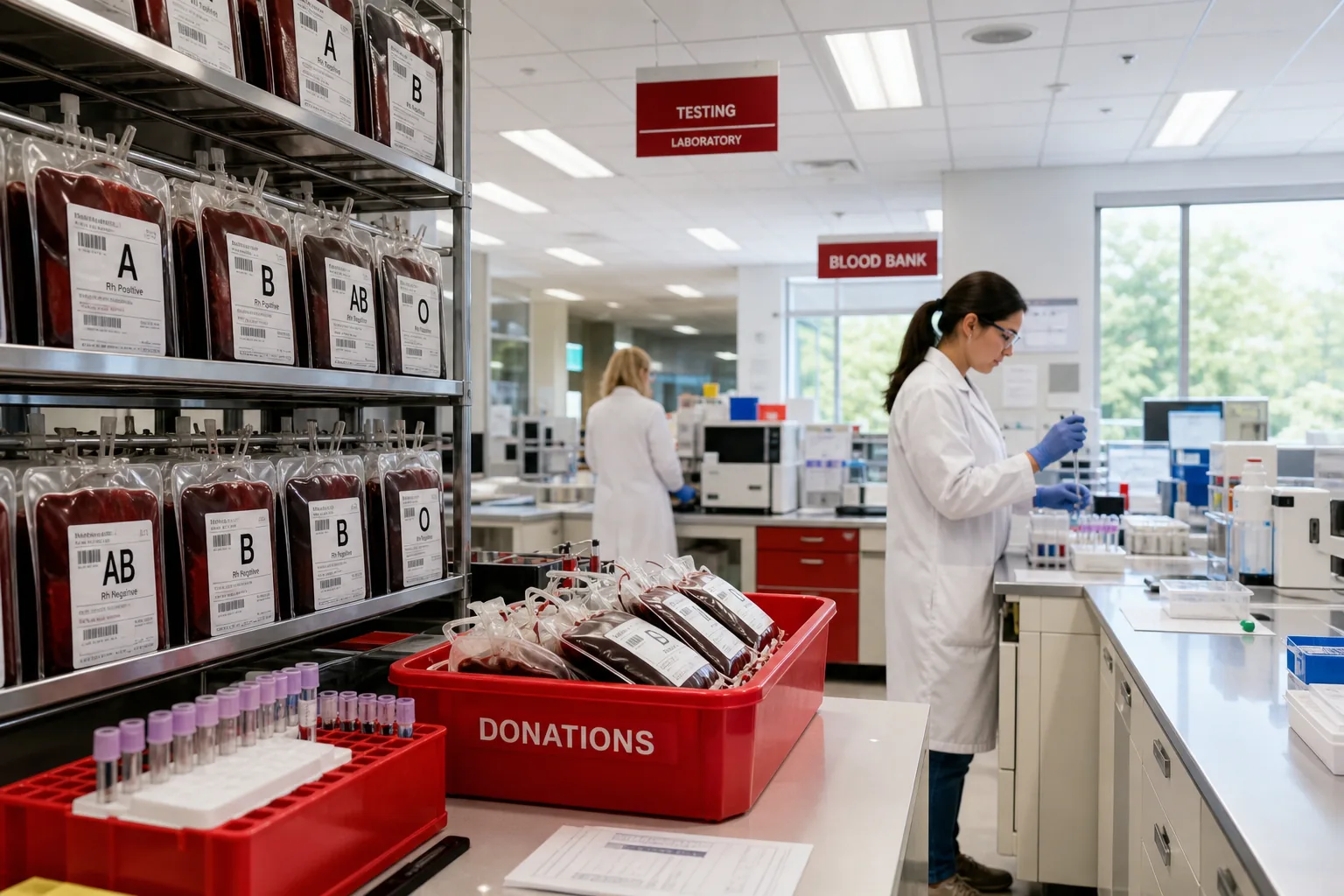 Bright USA blood bank lab with blood bags, donation trays, and inventory shelving representing blood bank management software