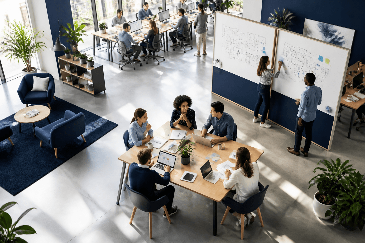 Business professionals collaborating around workflow charts and reports in a bright modern office representing business app development