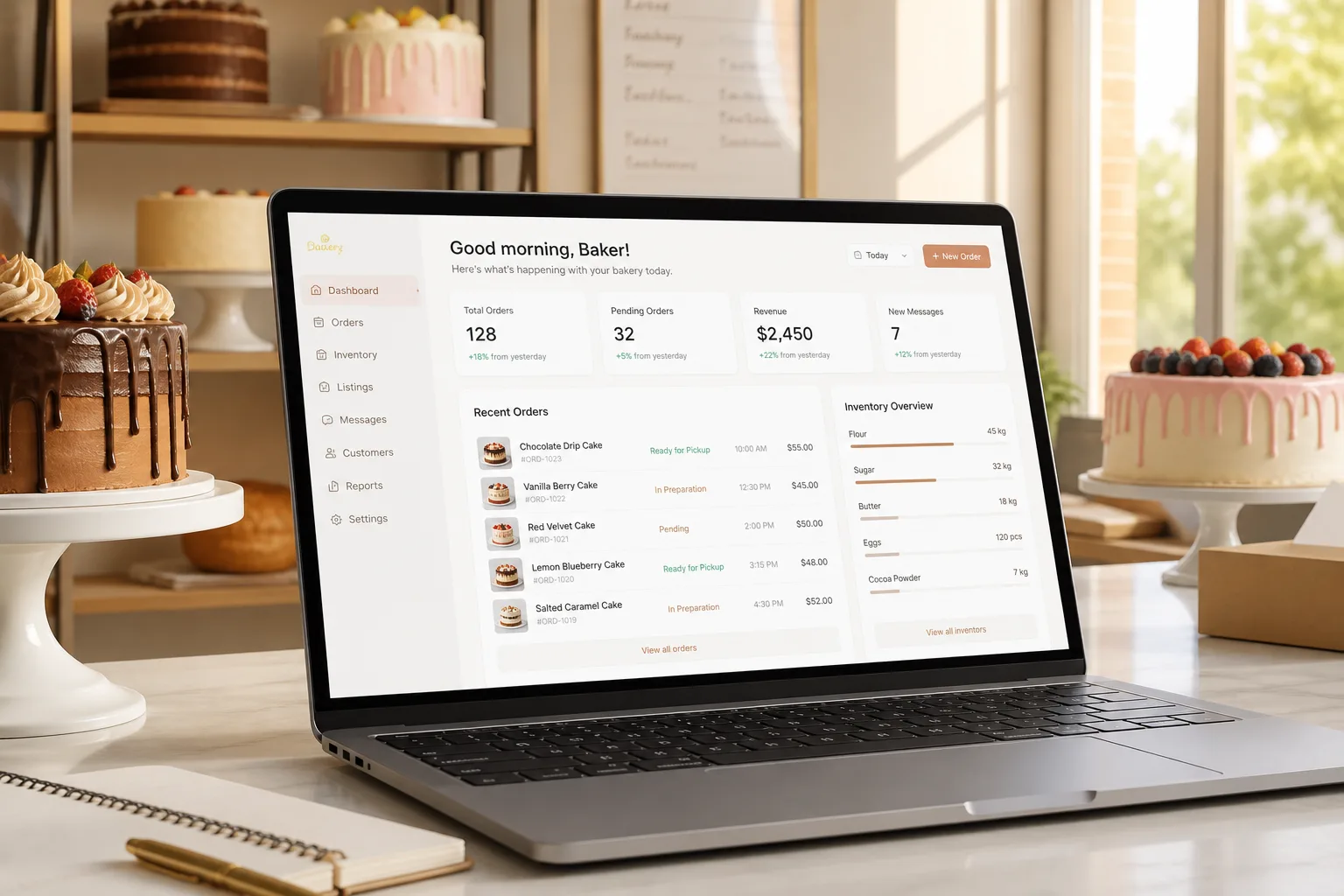 Laptop showing a cake delivery platform dashboard with orders, bakery inventory, and delivery tracking