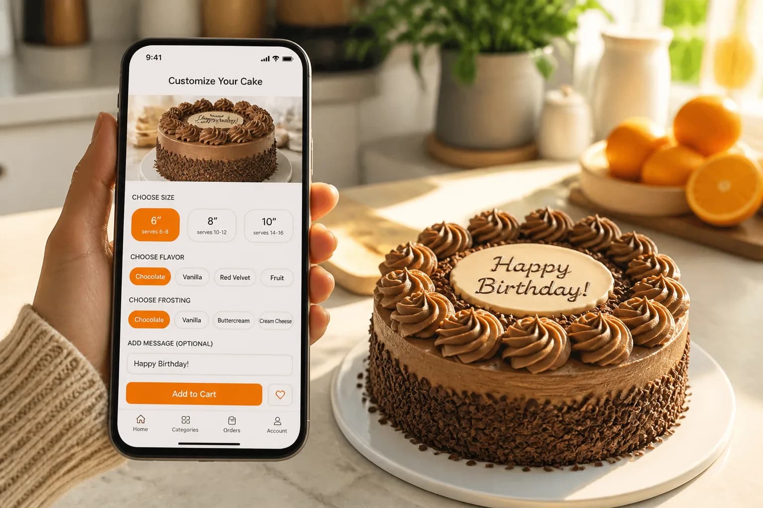 Custom cake delivery app with cake browsing, order customization, and real time tracking