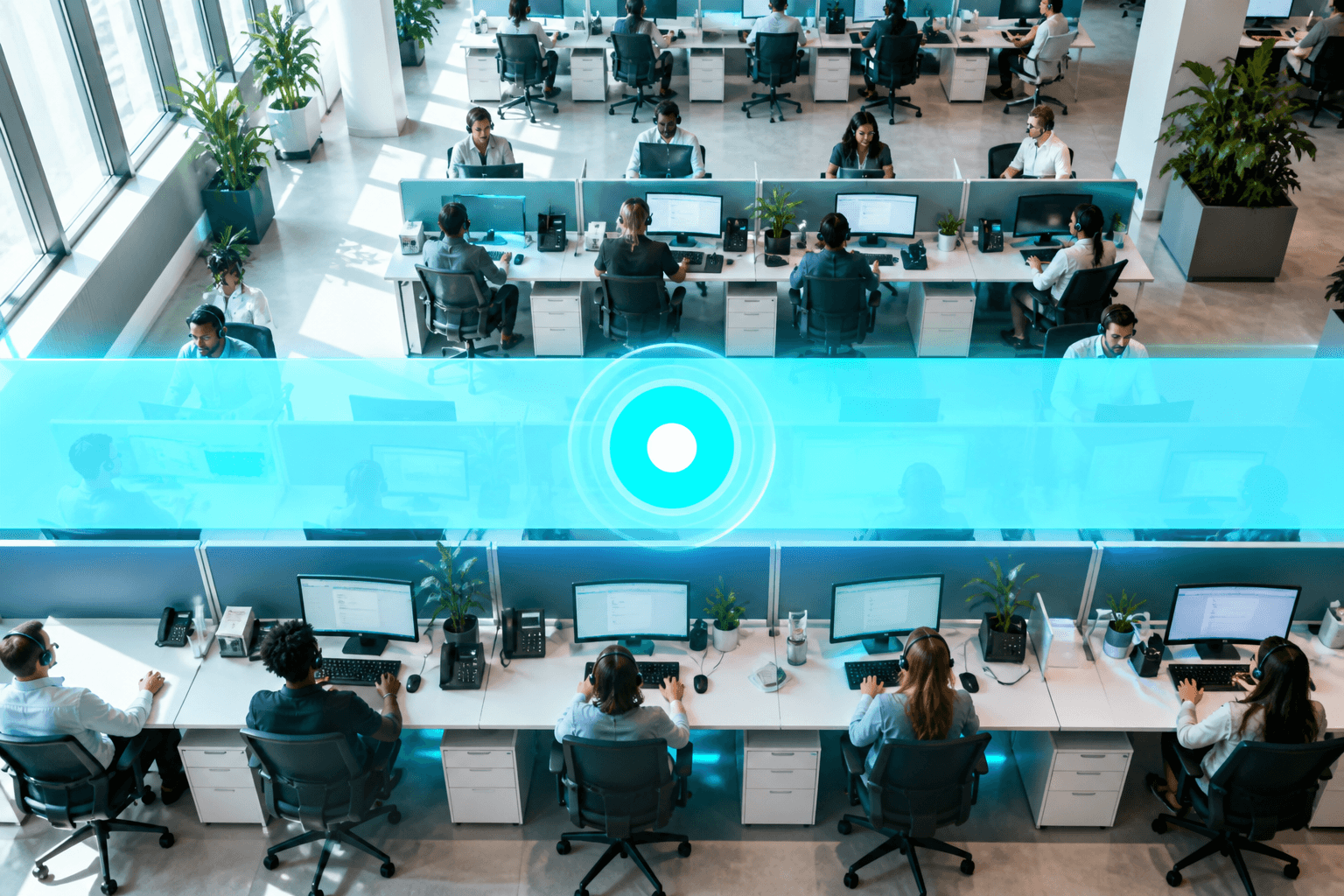 Bright enterprise call center with headsets and recording monitors representing secure call recording solutions