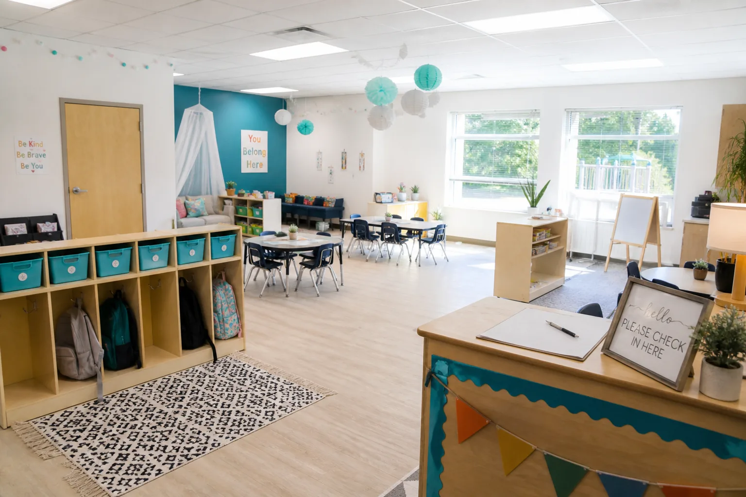 Bright USA daycare classroom check-in area with cubbies, attendance clipboard, and parent communication board representing child care app development solutions