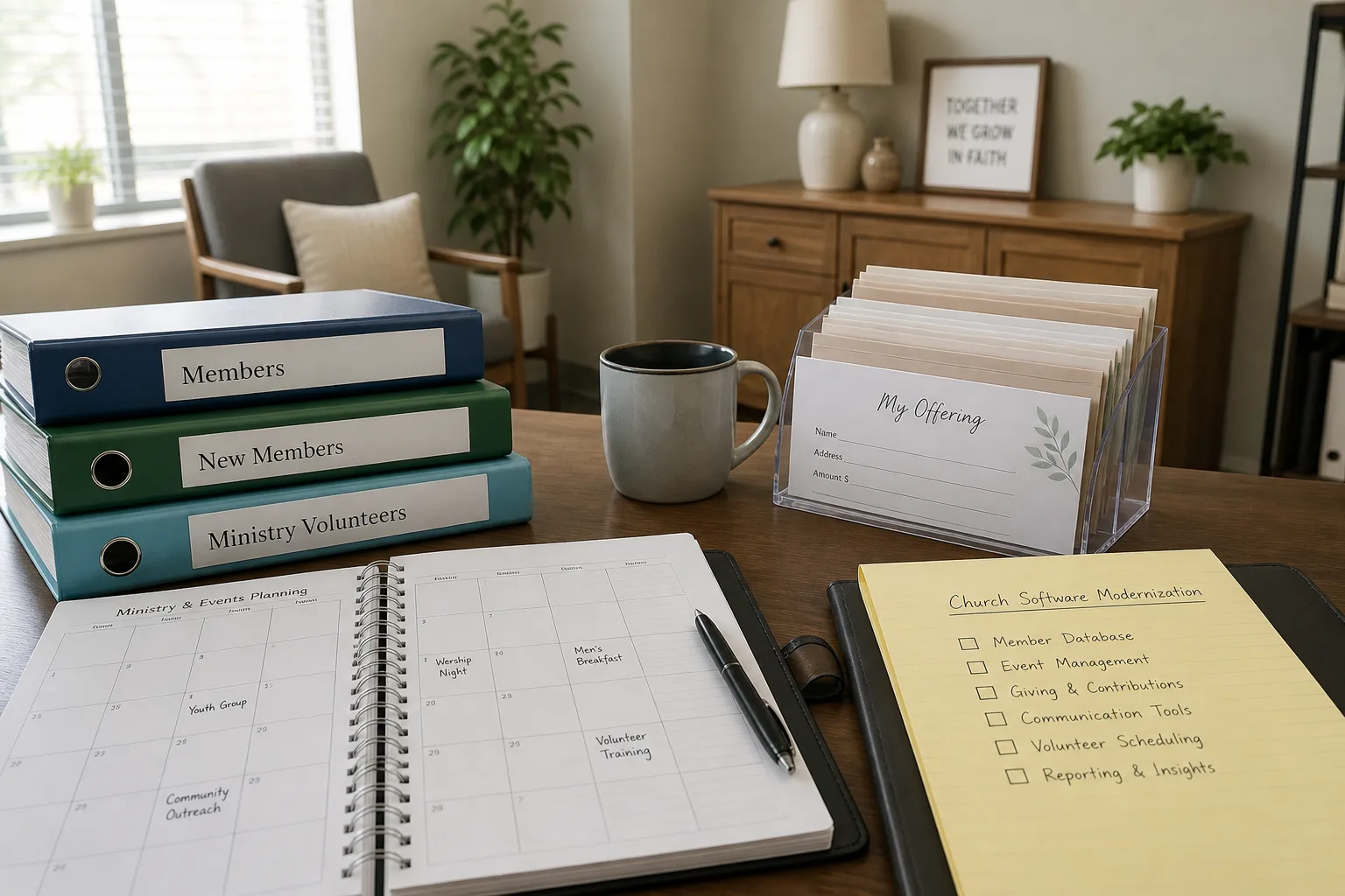 Bright USA church office representing custom church management software development
