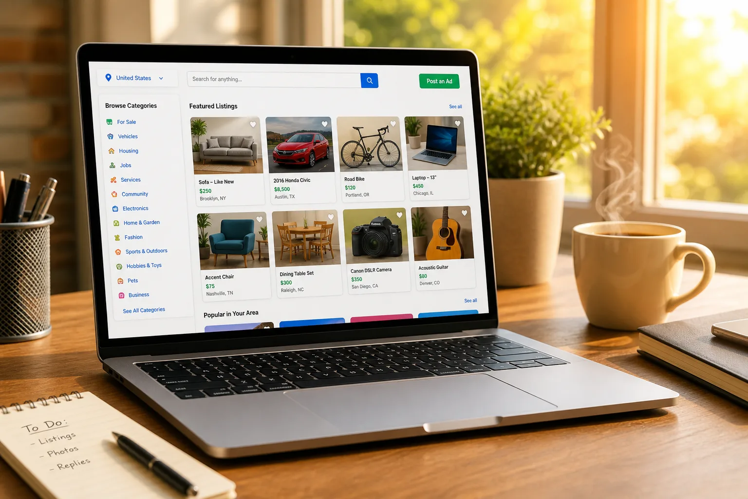Laptop showing a colorful classified marketplace listings interface on a bright American workspace