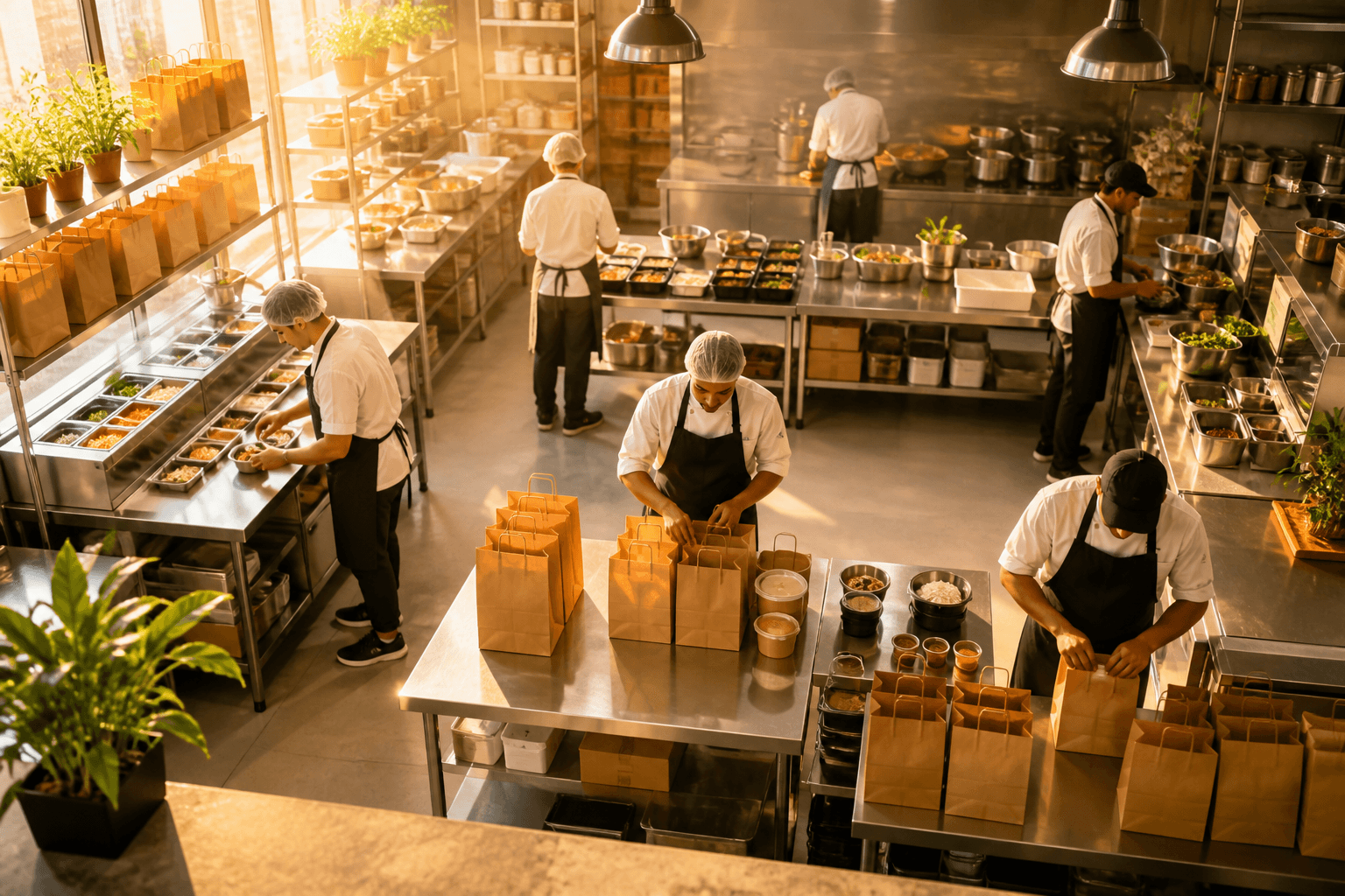 Bright cloud kitchen workspace with multi brand prep stations, ordering tablets, and delivery packaging representing modern cloud kitchen app solutions