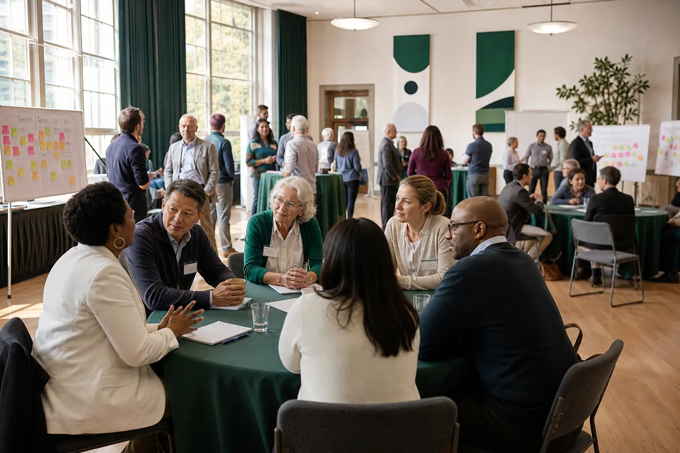 Bright USA community meetup space with discussion boards and event tables representing community app development