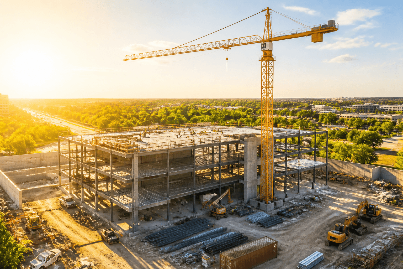 Bright construction operations workspace with project plans, field tablets, and equipment coordination representing modern construction app solutions