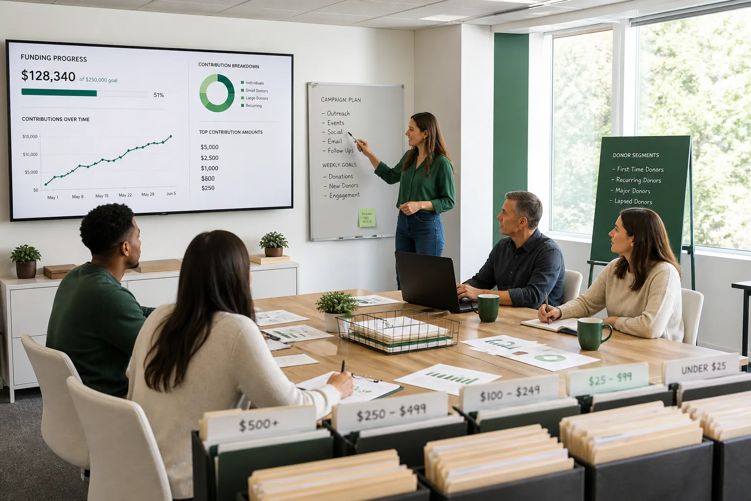 Bright USA crowdfunding campaign launch desk with funding progress boards, contribution envelopes, and startup pitch materials representing crowdfunding app development solutions