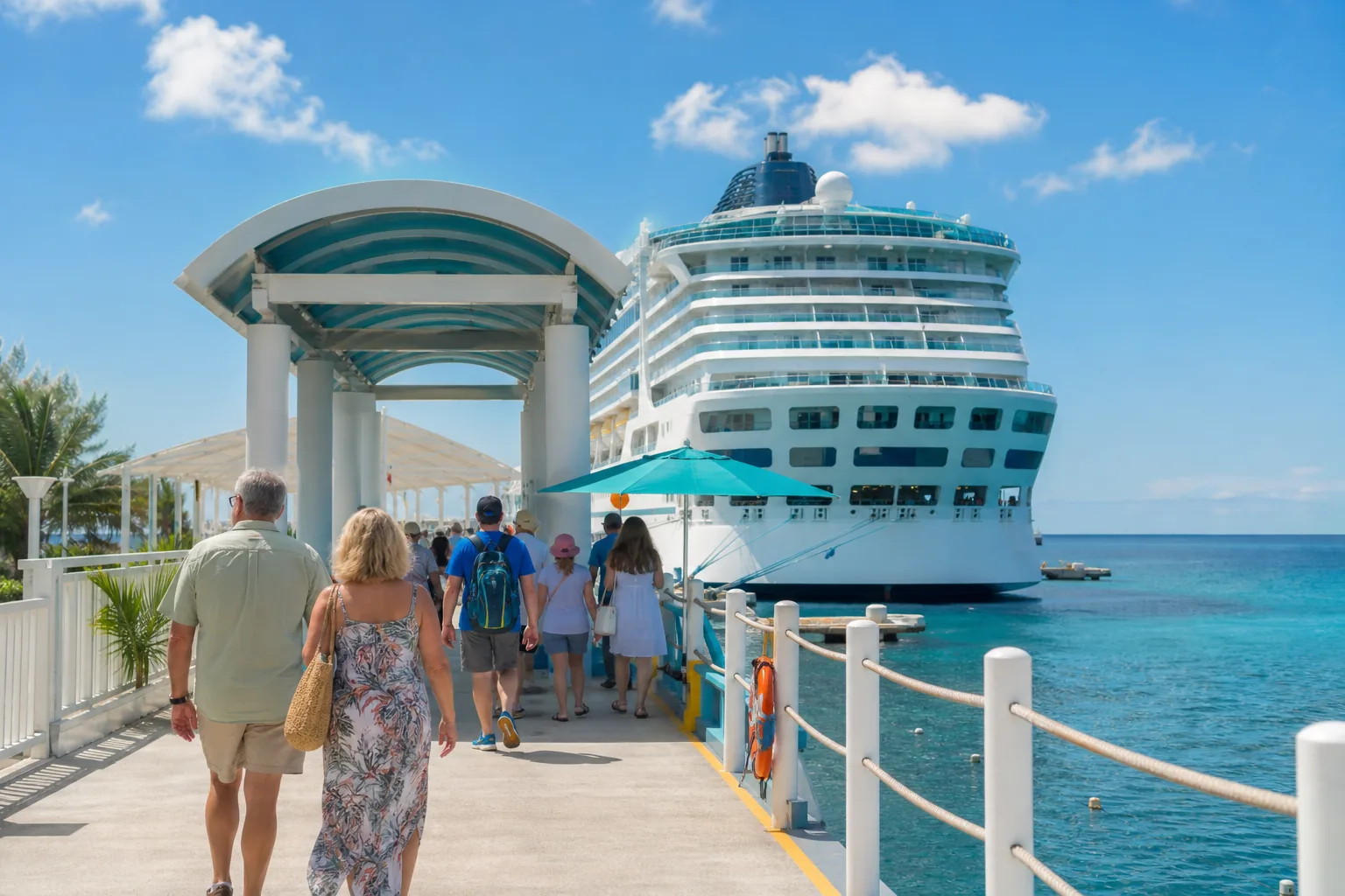 Bright USA cruise ship harbor scene with boarding and vacation booking context representing cruise booking app development