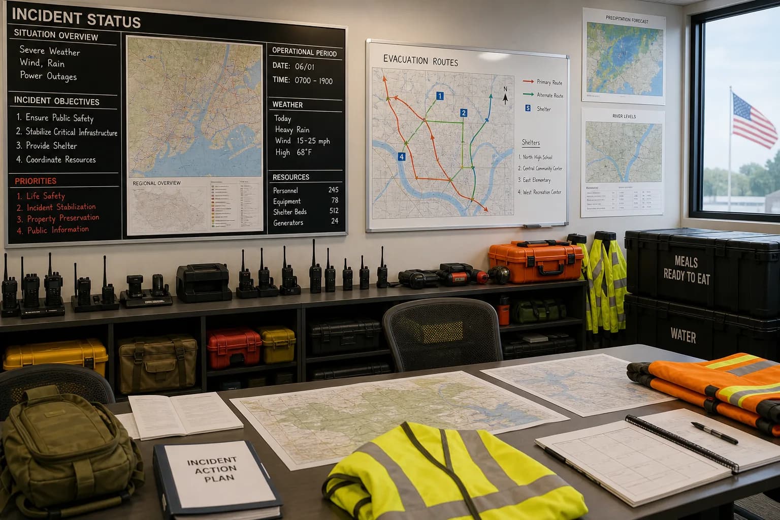 Bright USA emergency operations room with incident boards, radios, and relief supply crates