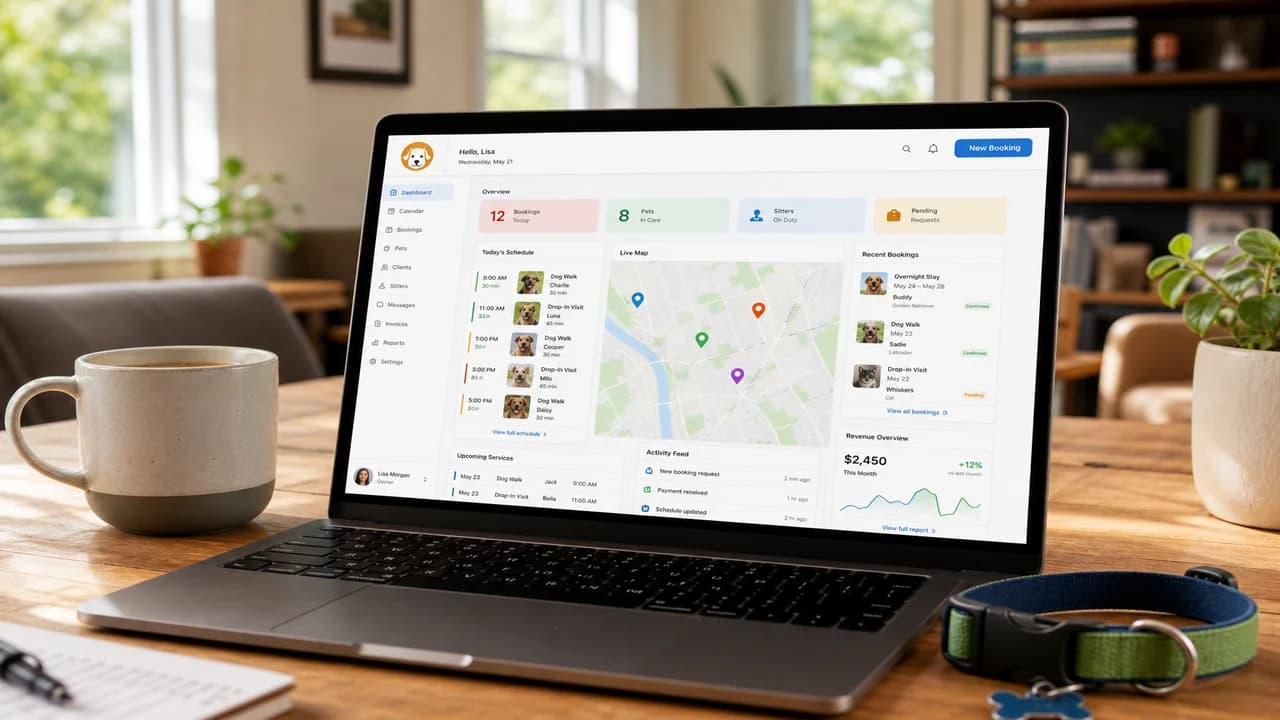 Laptop showing a dog walking platform dashboard with bookings, GPS tracking, walker management, and pet care analytics