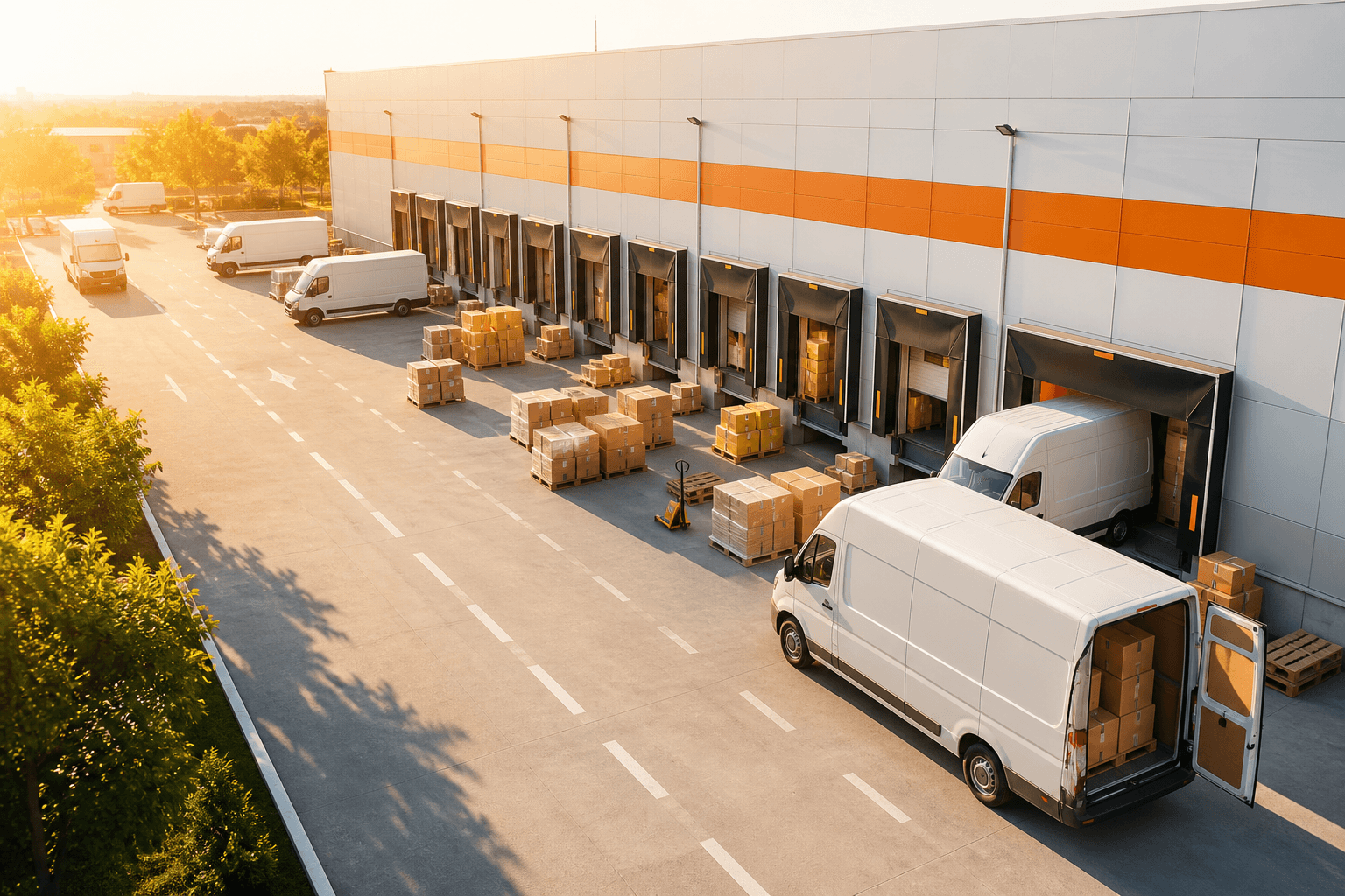 Bright logistics operations hub with drivers, delivery vans, and route planning screens representing smart driver app solutions