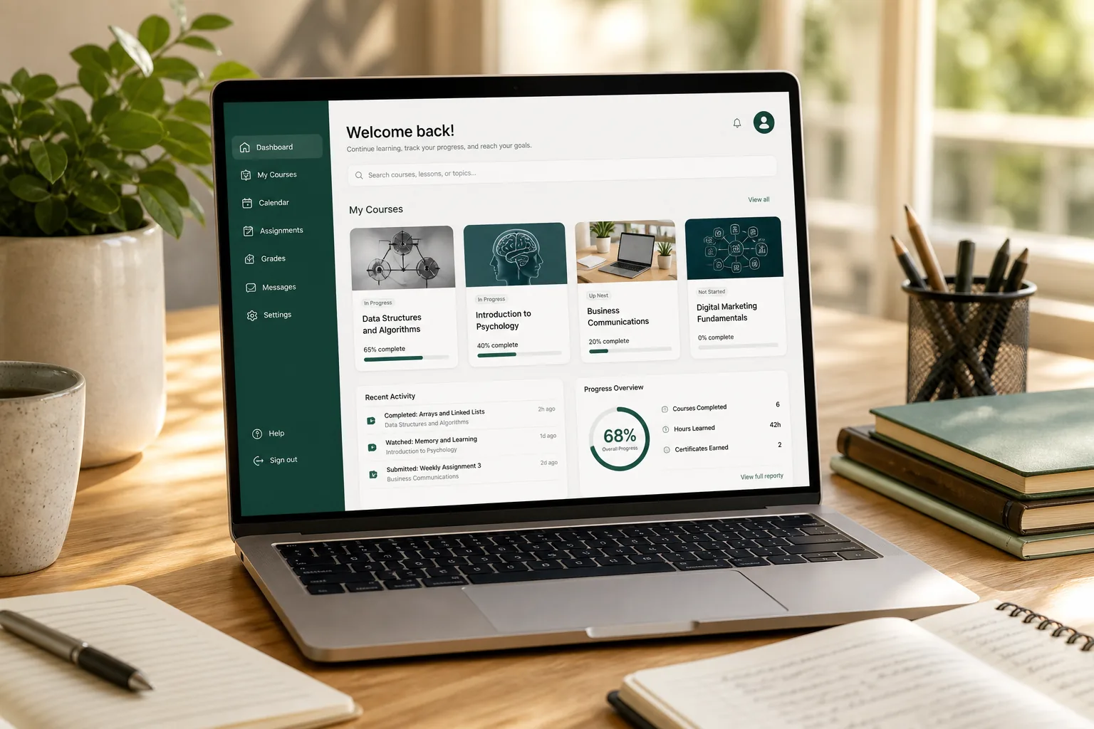 Laptop showing an education platform dashboard with courses, virtual classrooms, and learning analytics
