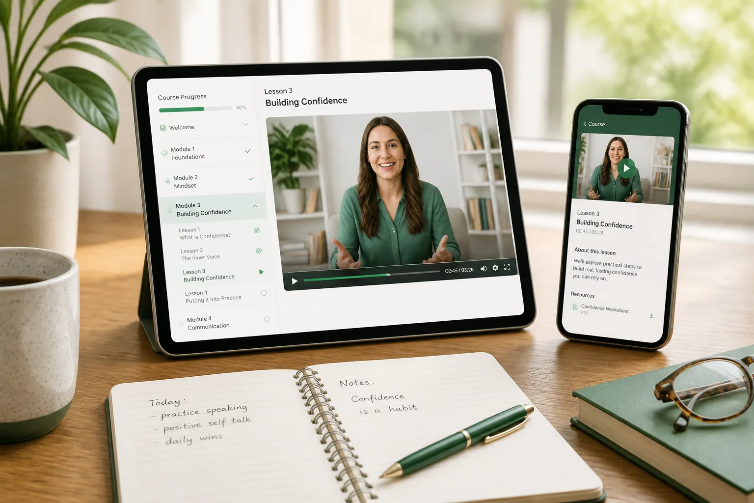 Elearning app with online courses, video lessons, quizzes, assignments, and progress tracking