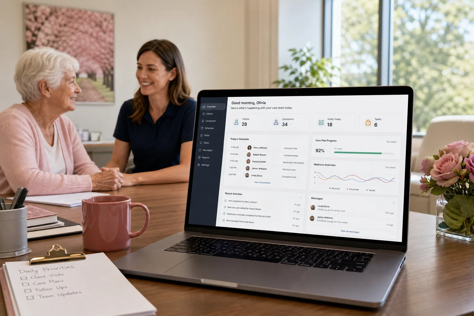 Laptop showing an elder care platform dashboard with caregiver scheduling, medication reminders, and healthcare analytics