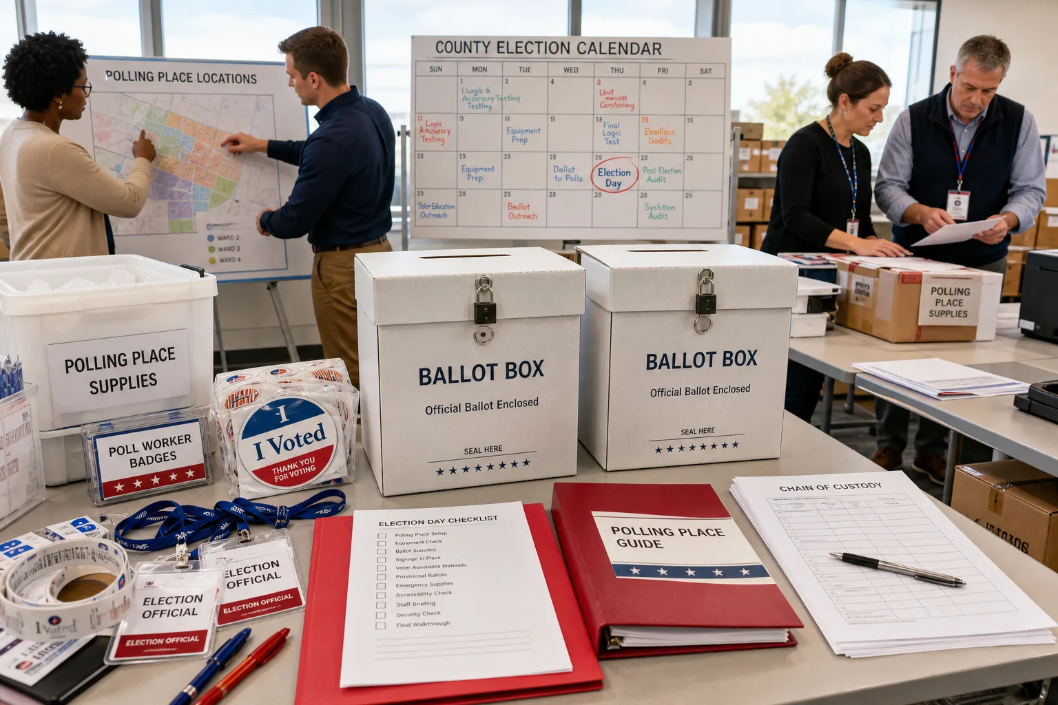 Bright USA election operations room with ballot boxes, polling supplies, and administrative planning materials