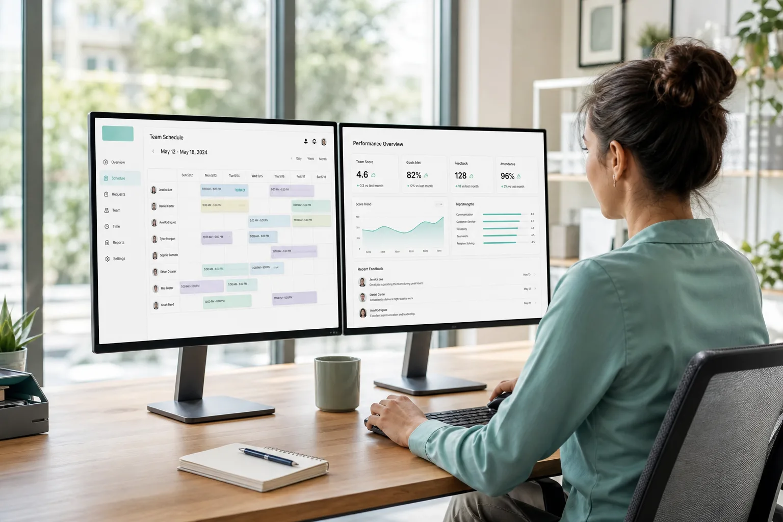 Laptop showing an employee management platform with onboarding, attendance, scheduling, and HR analytics