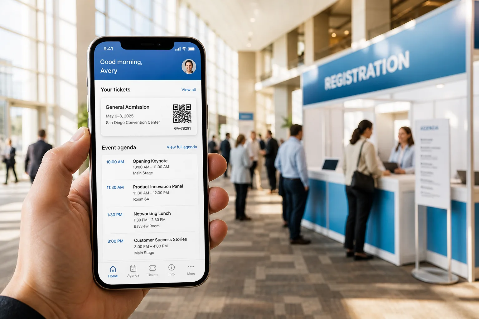 Custom event app with attendee registration, ticket booking, networking, and digital check in