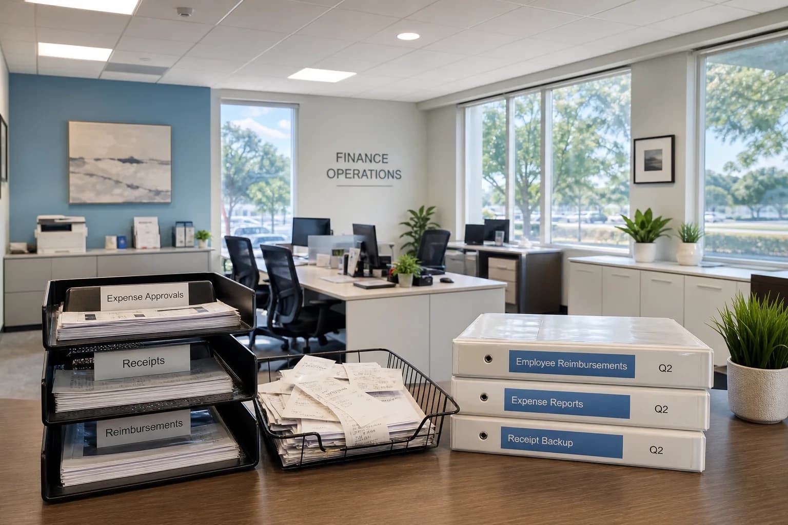 Bright USA finance desk with expense reports, receipt trays, reimbursement folders, and travel expense binders representing expense management app development solutions