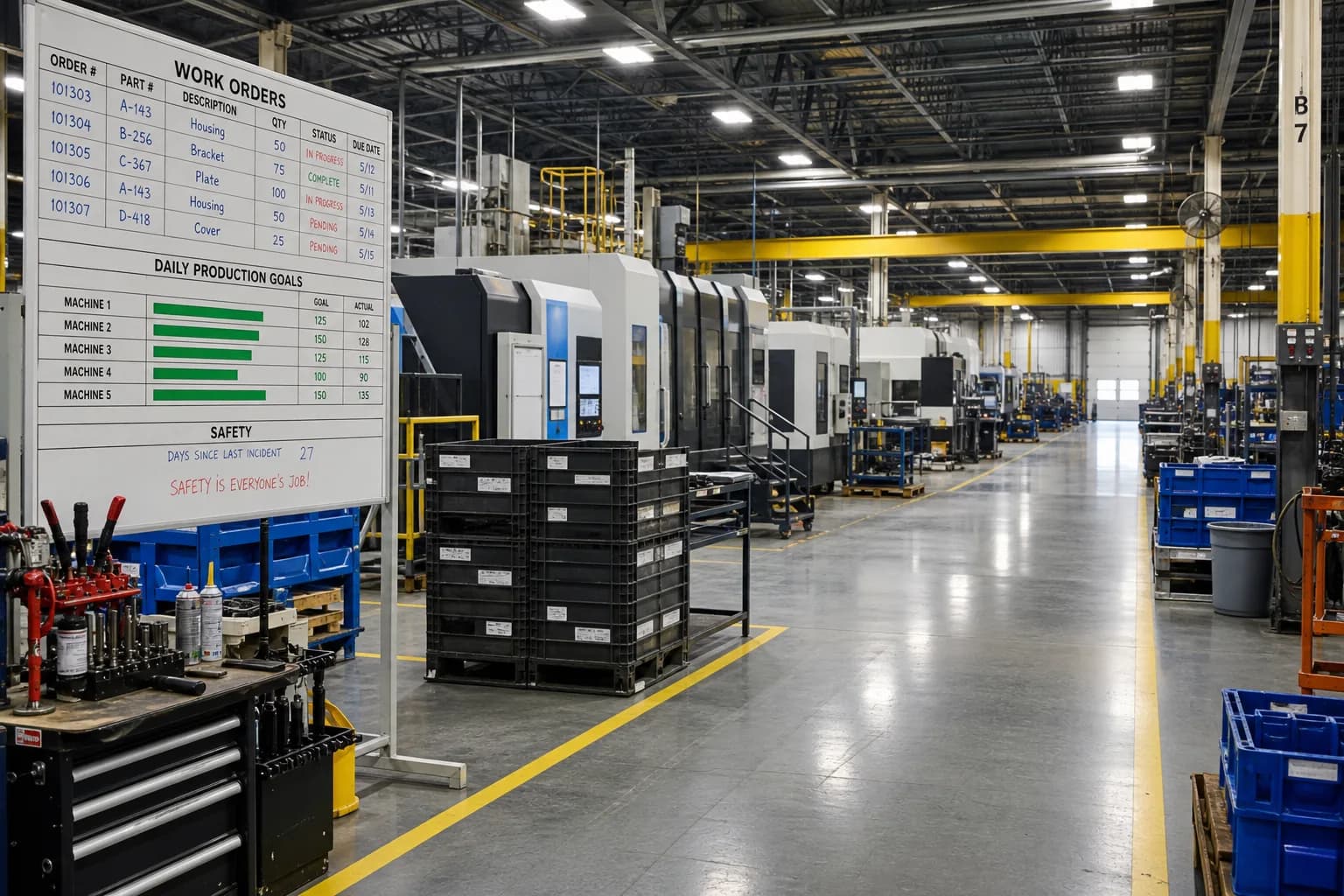 Bright USA factory operations floor with machines, work orders, and inventory crates