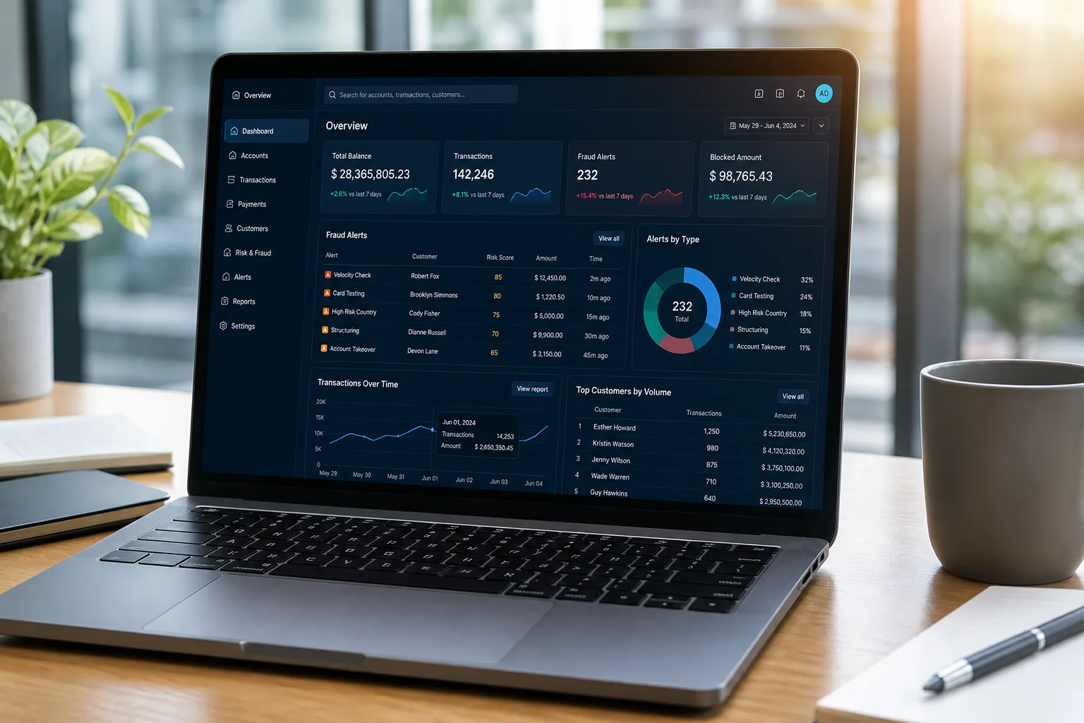 Laptop showing a fintech platform dashboard with payments, banking accounts, and financial analytics
