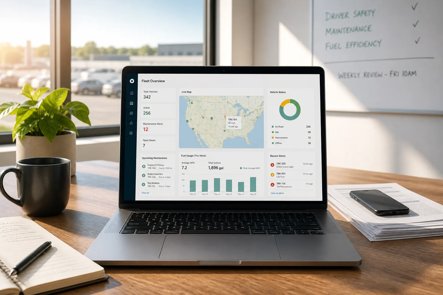 Laptop showing a fleet management platform dashboard with GPS tracking, vehicle monitoring, and operational analytics