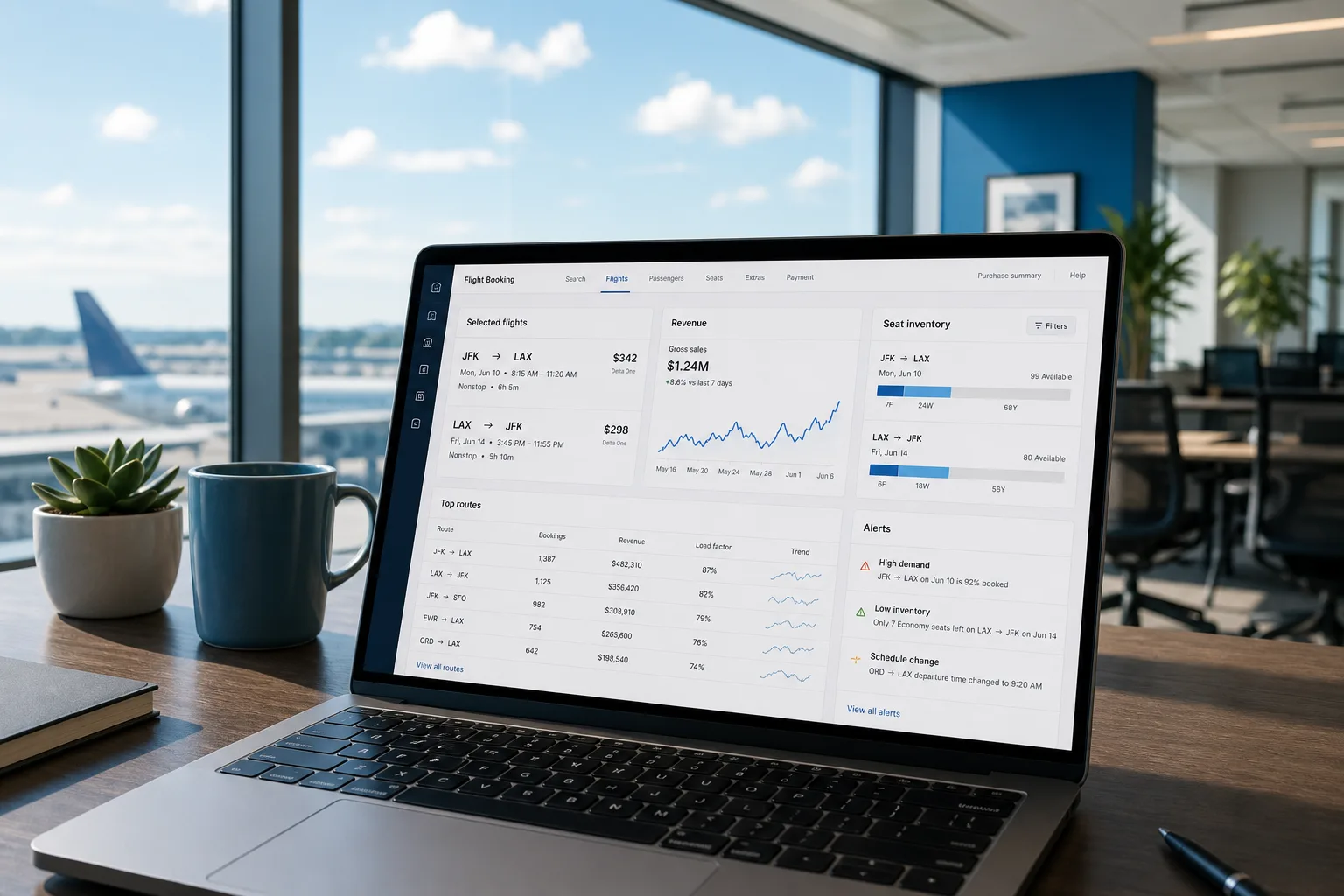 Laptop showing a flight booking platform dashboard with reservations, seat availability, and travel analytics