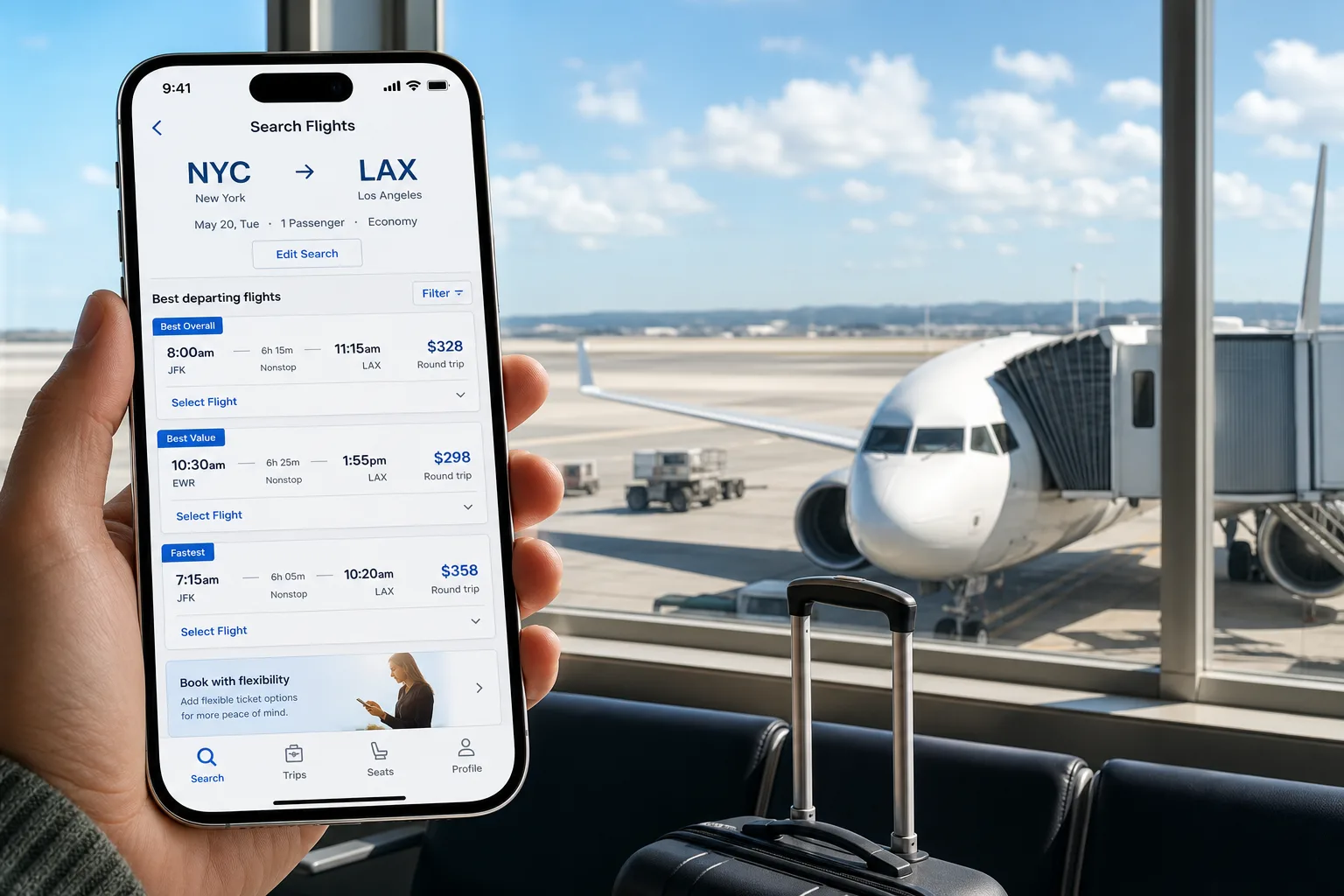 Custom flight booking app with flight search, reservations, and secure payments