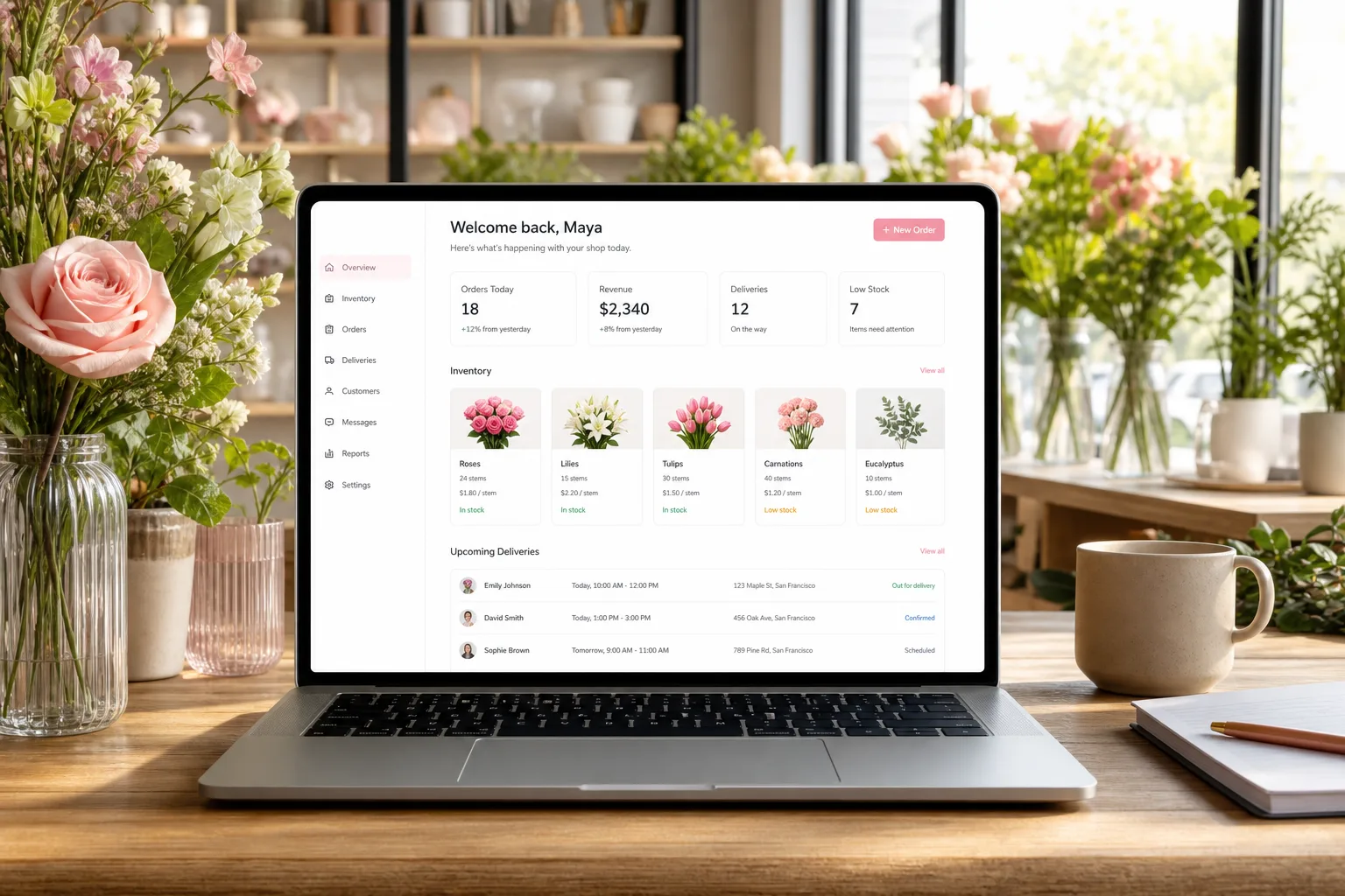 Laptop showing a flower delivery platform dashboard with orders, florist inventory, and delivery tracking
